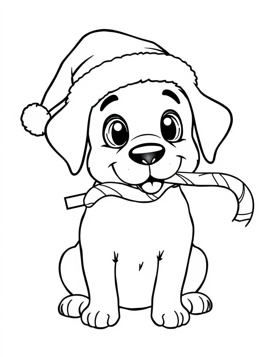 A pet dog with a Candy cane across its mouth wearing a Santa hat