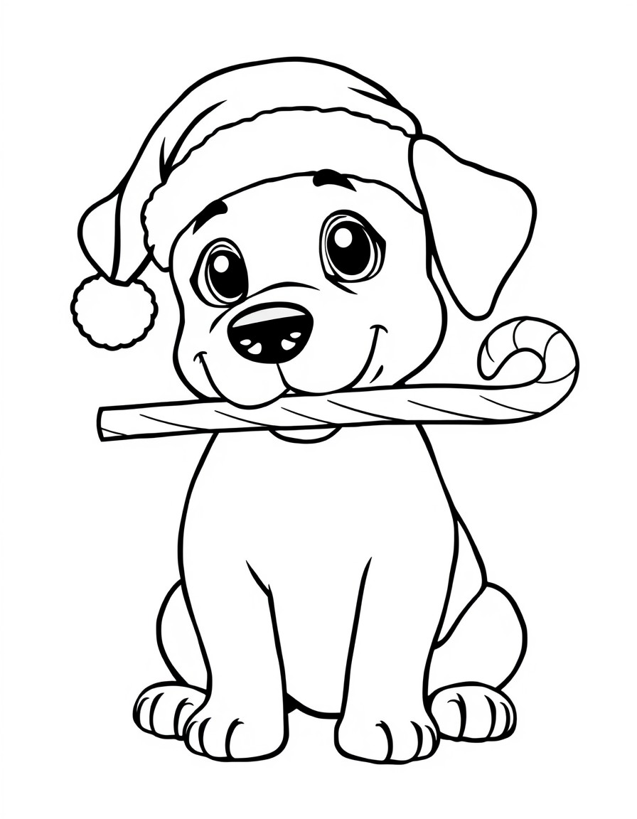 A pet dog with a Candy cane held in its mouth wearing a Santa hat