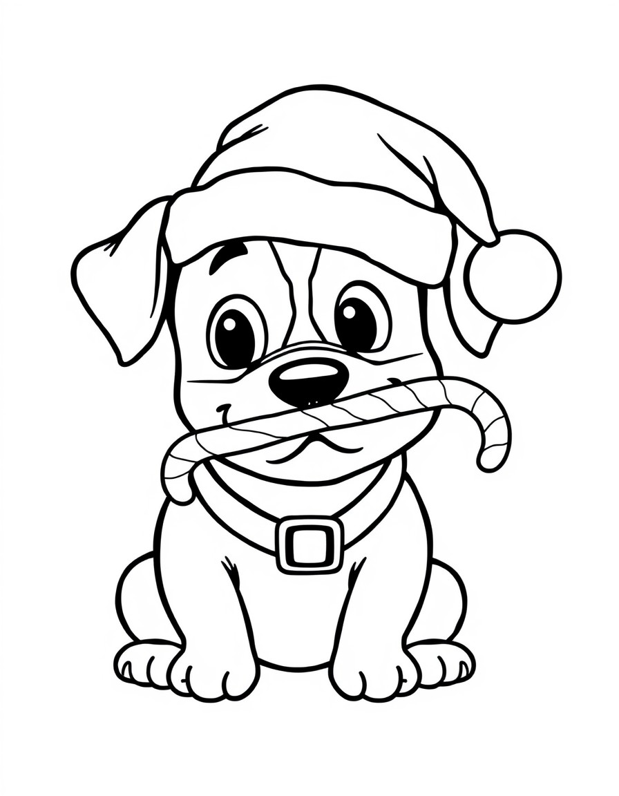 A pet dog with a Candy cane held in its mouth wearing a Santa hat