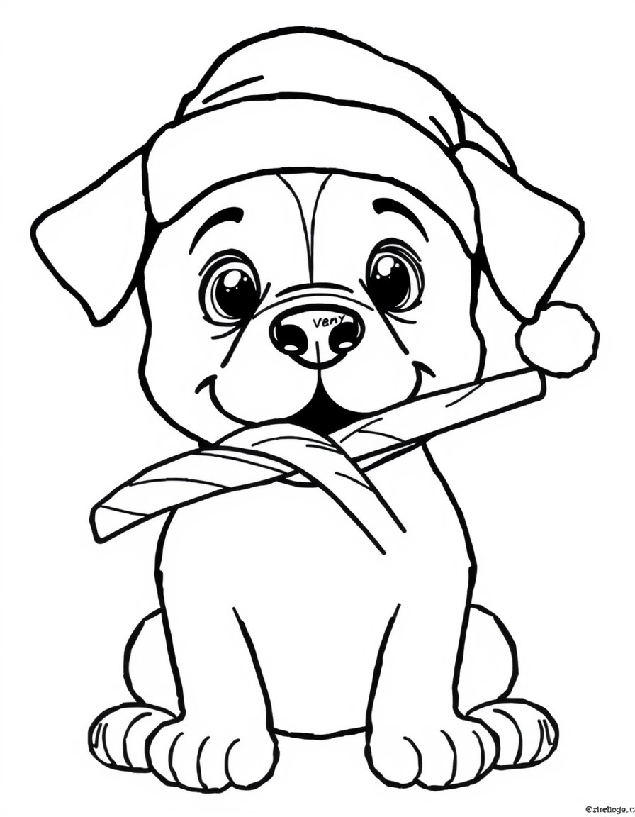 An adorable dog, a Candy cane in its mouth wearing a Santa hat