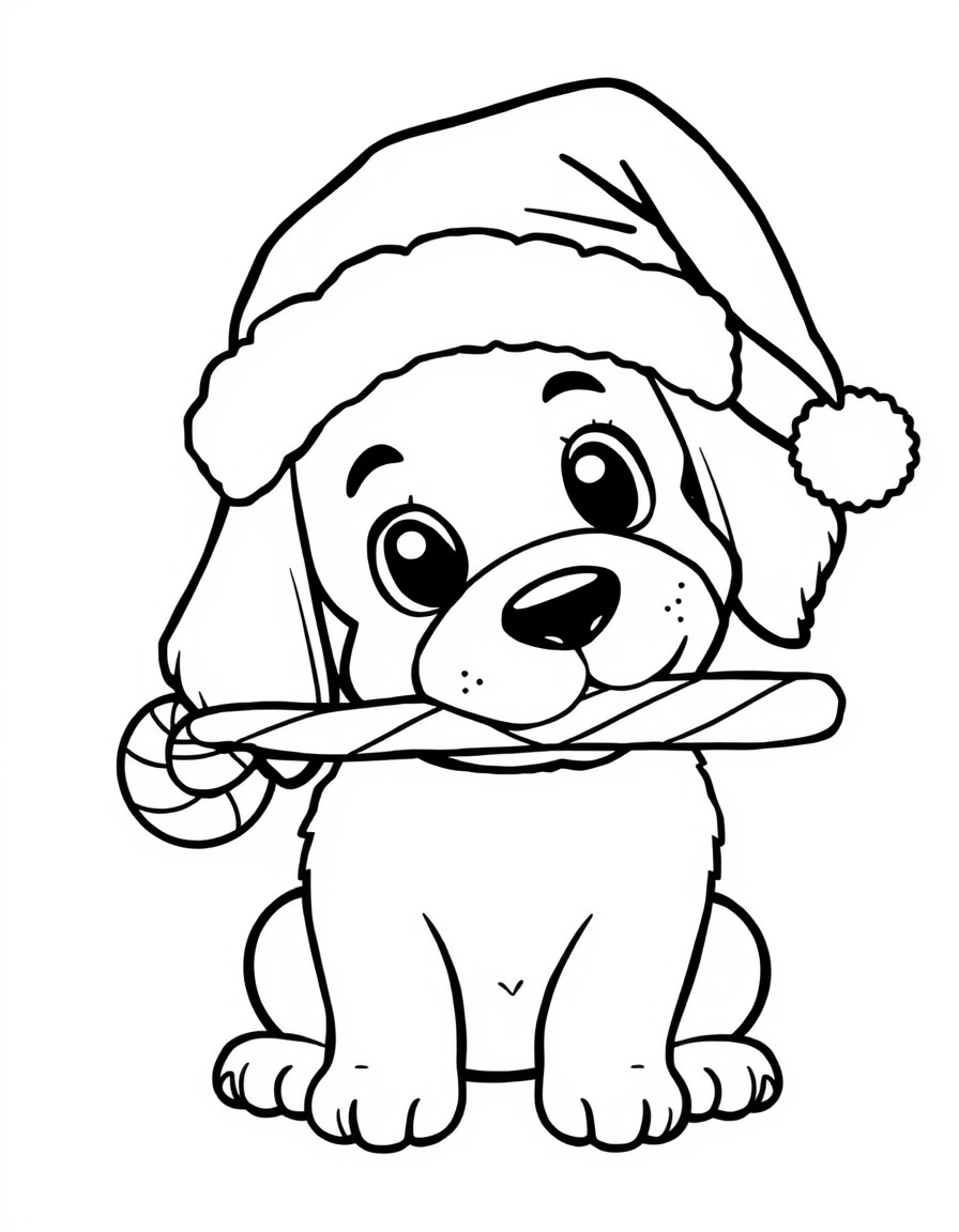 An adorable dog, a Candy cane in its mouth wearing a Santa hat