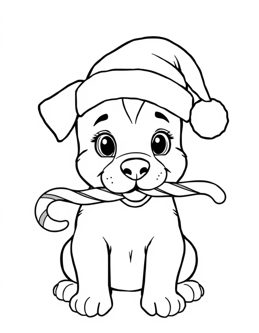 An adorable dog, a Candy cane in its mouth wearing a Santa hat