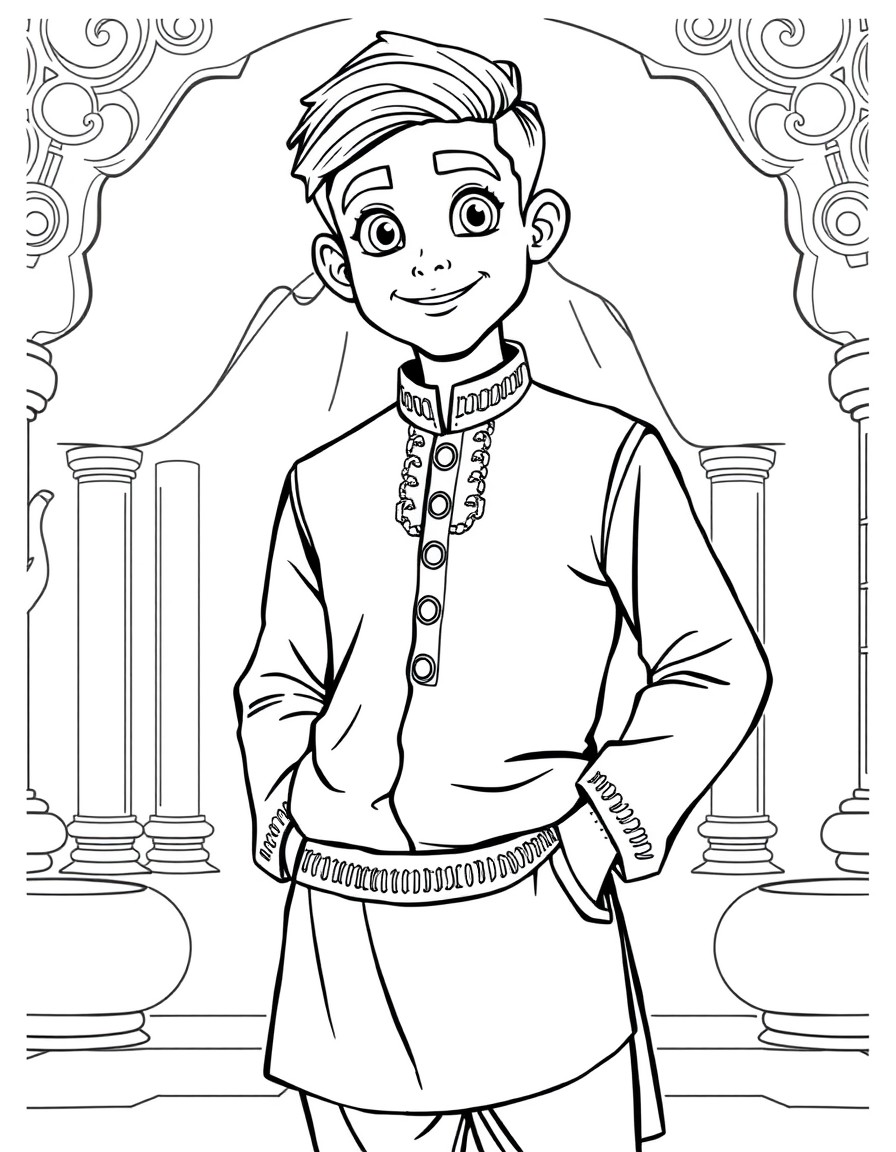 A smart 18 year old handsome boy wearing premium kurta and pyjama in animated form