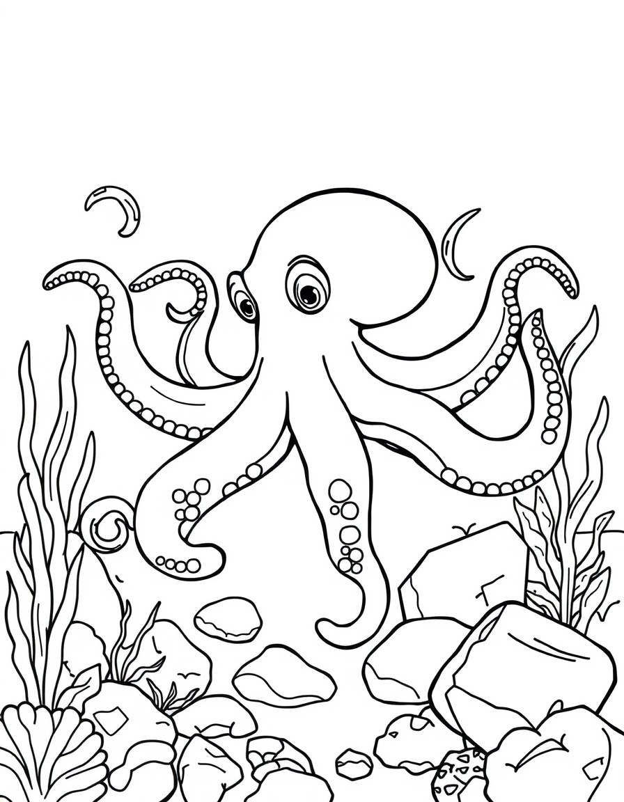 An octopus on the seabed with rocks and seaweed.