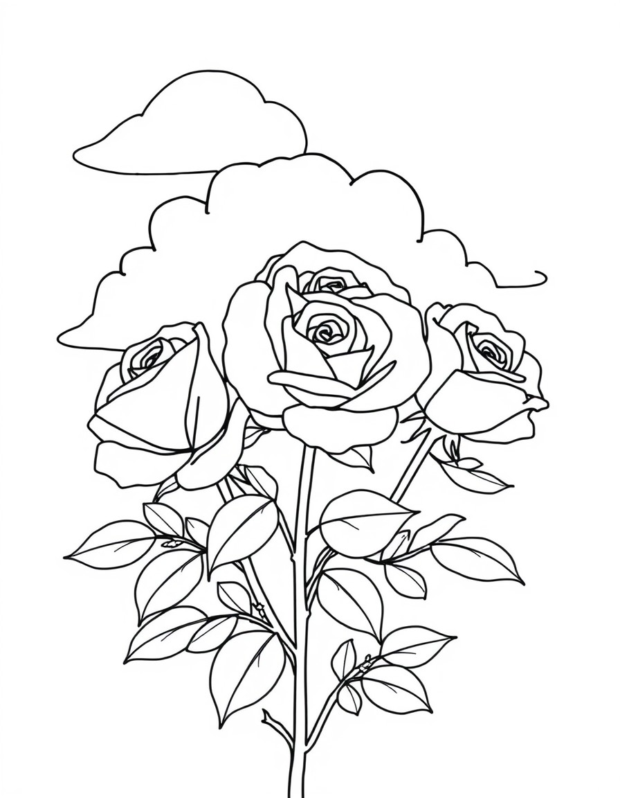 A rose bush with 3 fully open flower heads with clouds in the background.