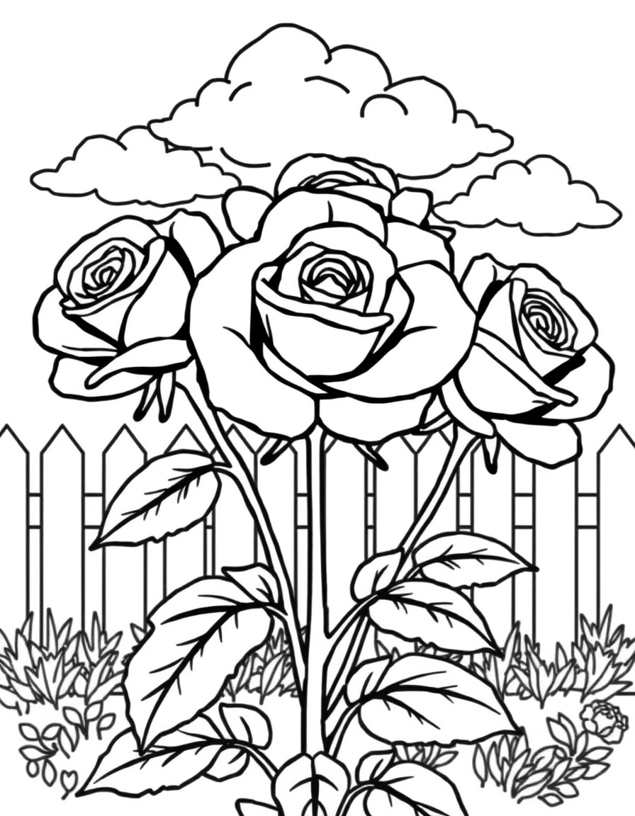 A rose bush with 3 fully open flower heads with clouds and a garden fence in the background.
