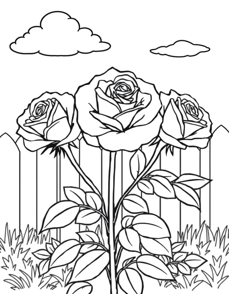 A rose bush with 3 fully open flower heads with clouds and a garden fence in the background.