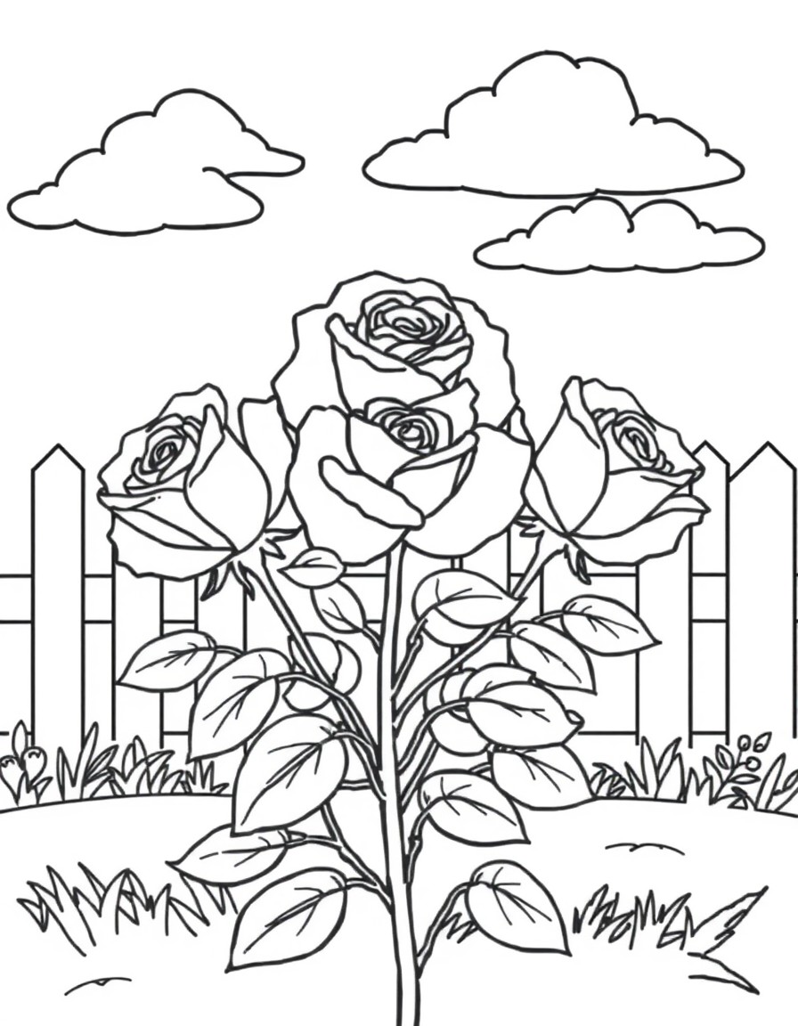 A rose bush with 3 fully open flower heads with clouds and a garden fence in the background.