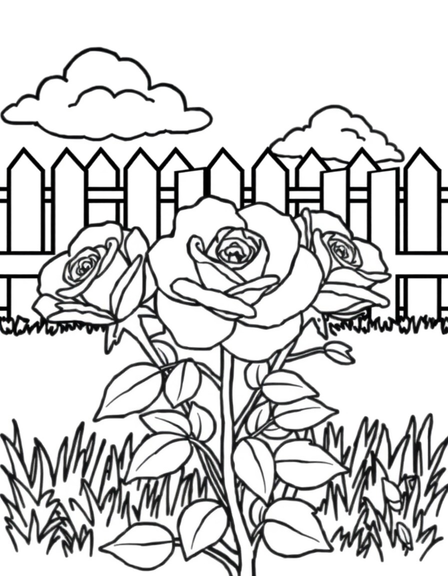 A rose bush with 3 fully open flower heads with clouds and a garden fence in the background.