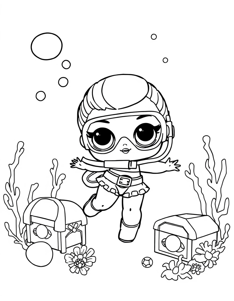 LOL Surprise doll scuba diving around sunken treasure chests and gleaming pearls