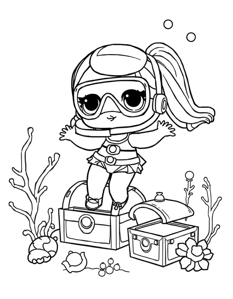 LOL Surprise doll scuba diving around sunken treasure chests and gleaming pearls