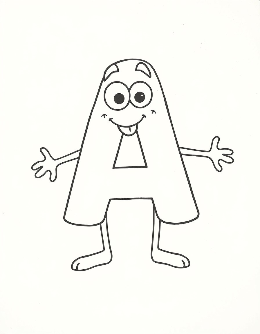 drawing of the letter A of the alphabet, to color. Make the letter look like a character, with eyes, mouth, arms and legs.