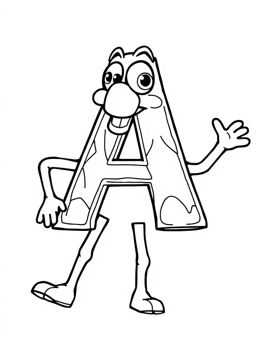 drawing of the letter A of the alphabet, to color. Make the letter look like a character, with eyes, mouth, arms and legs.