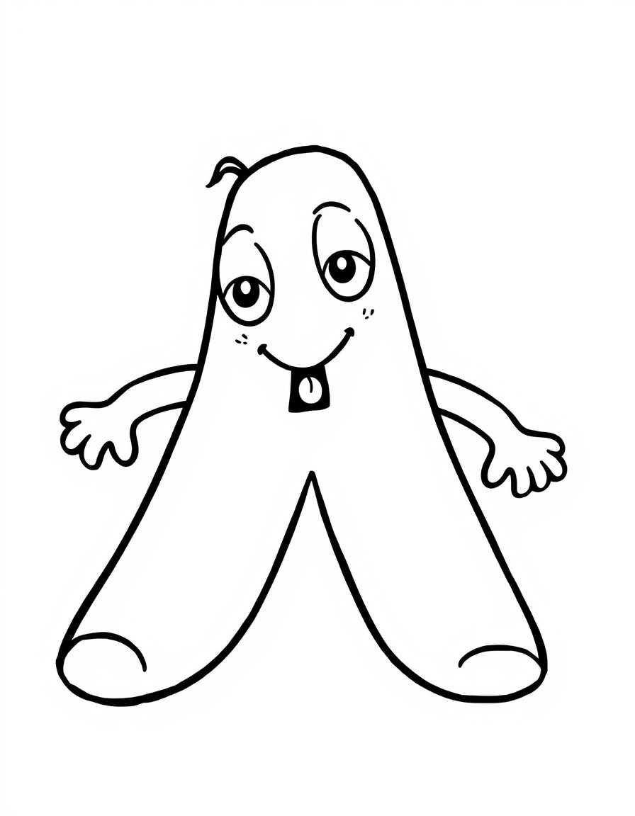 drawing of the letter A of the alphabet, to color. Make the letter look like a character, with eyes, mouth, arms and legs.