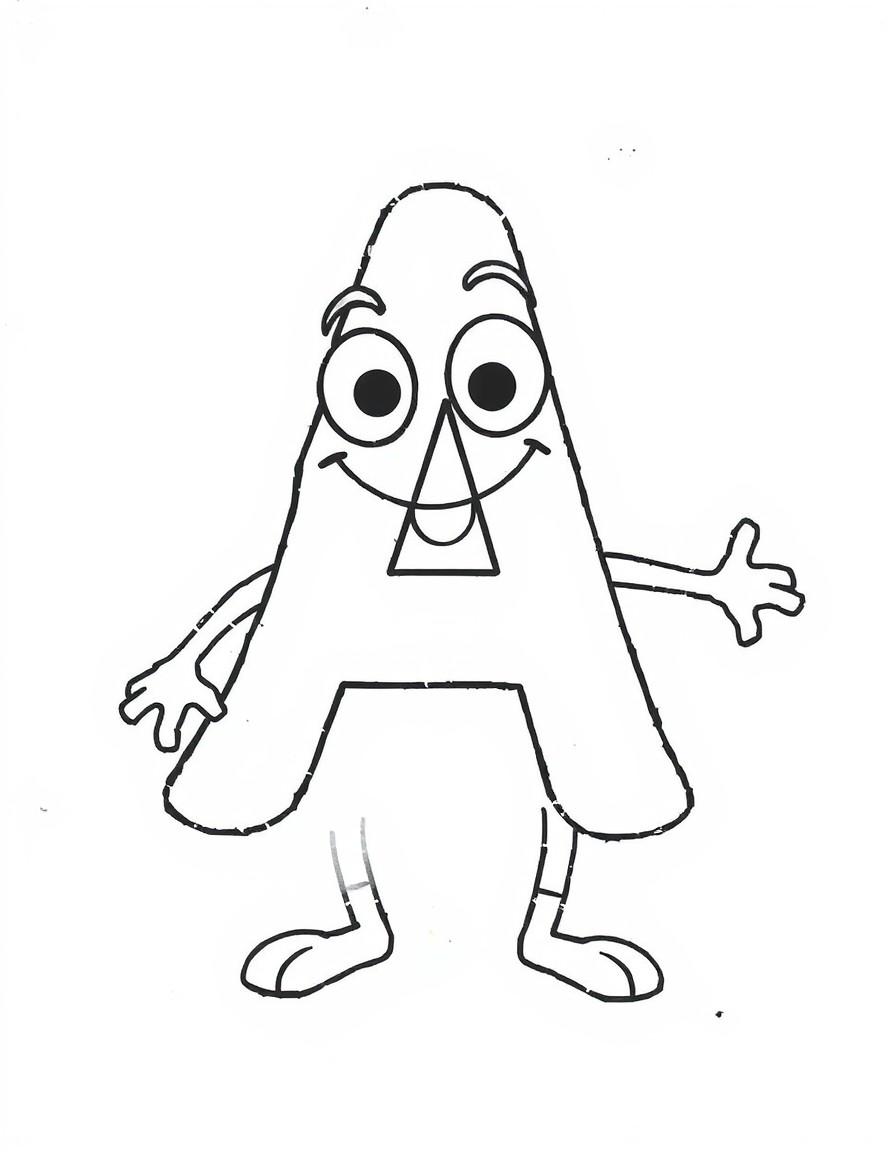 drawing of the letter A of the alphabet, to color. Make the letter look like a character, with eyes, mouth, arms and legs.