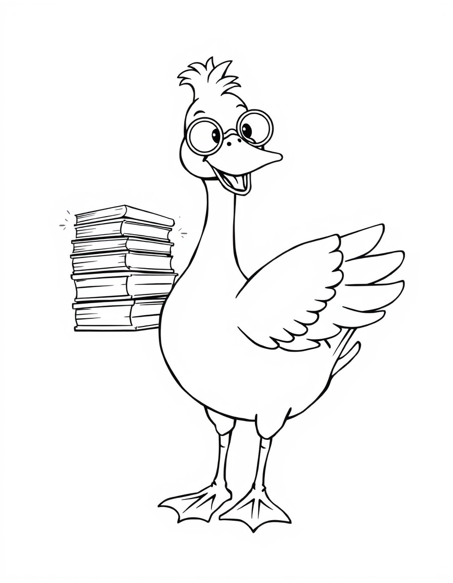 Create a black and white outline illustration of a cheerful goose, depicted with a friendly expression. The goose wears round glasses and carries a stack of books in one wing, with a bright r