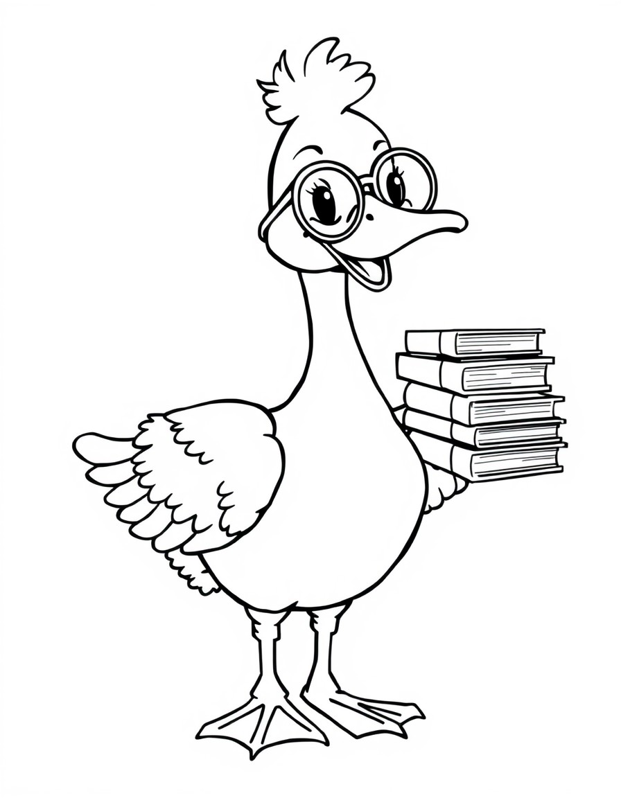 Create a black and white outline illustration of a cheerful goose, depicted with a friendly expression. The goose wears round glasses and carries a stack of books in one wing, with a bright r