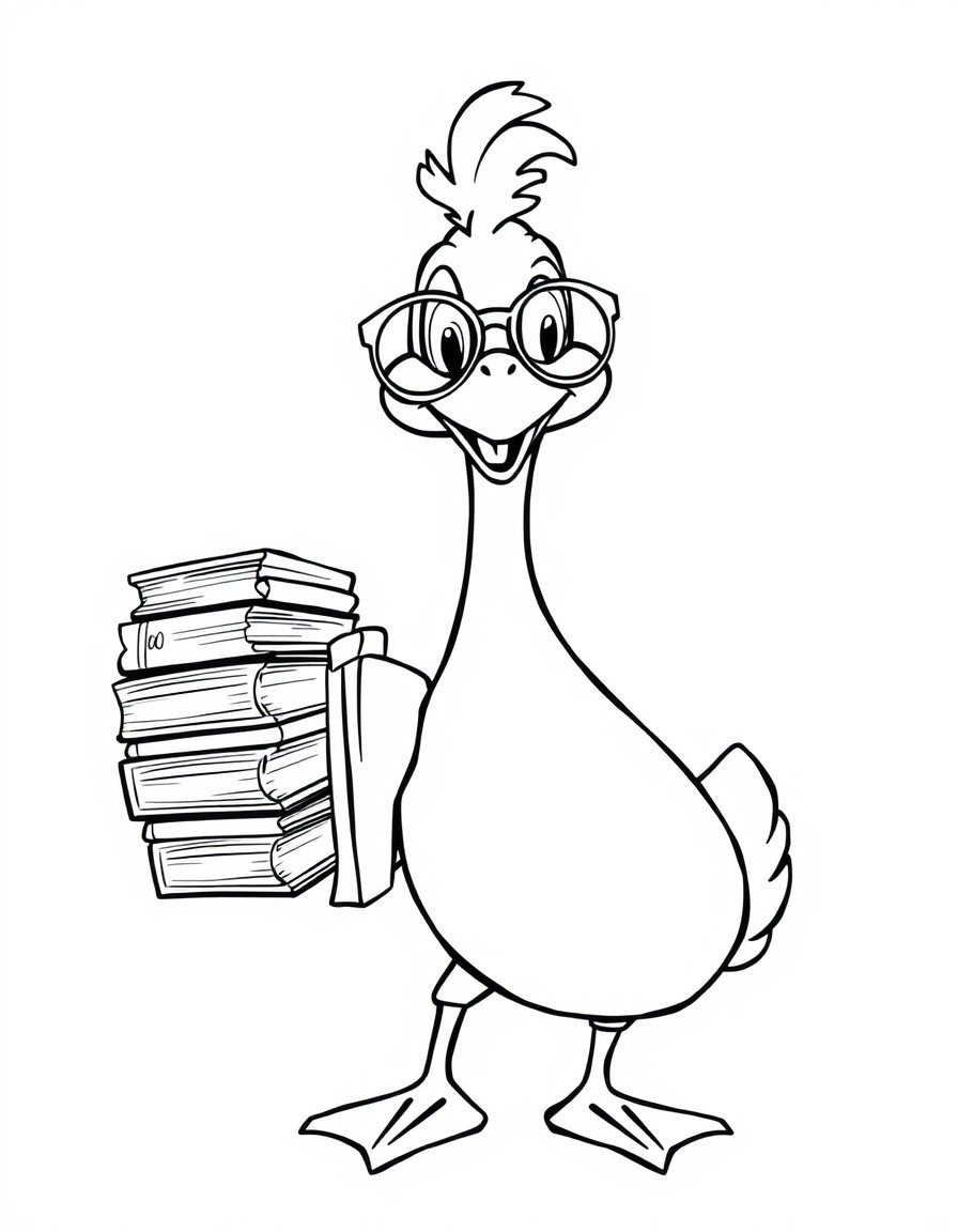 Create a black and white outline illustration of a cheerful goose, depicted with a friendly expression. The goose wears round glasses and carries a stack of books in one wing, with a bright r