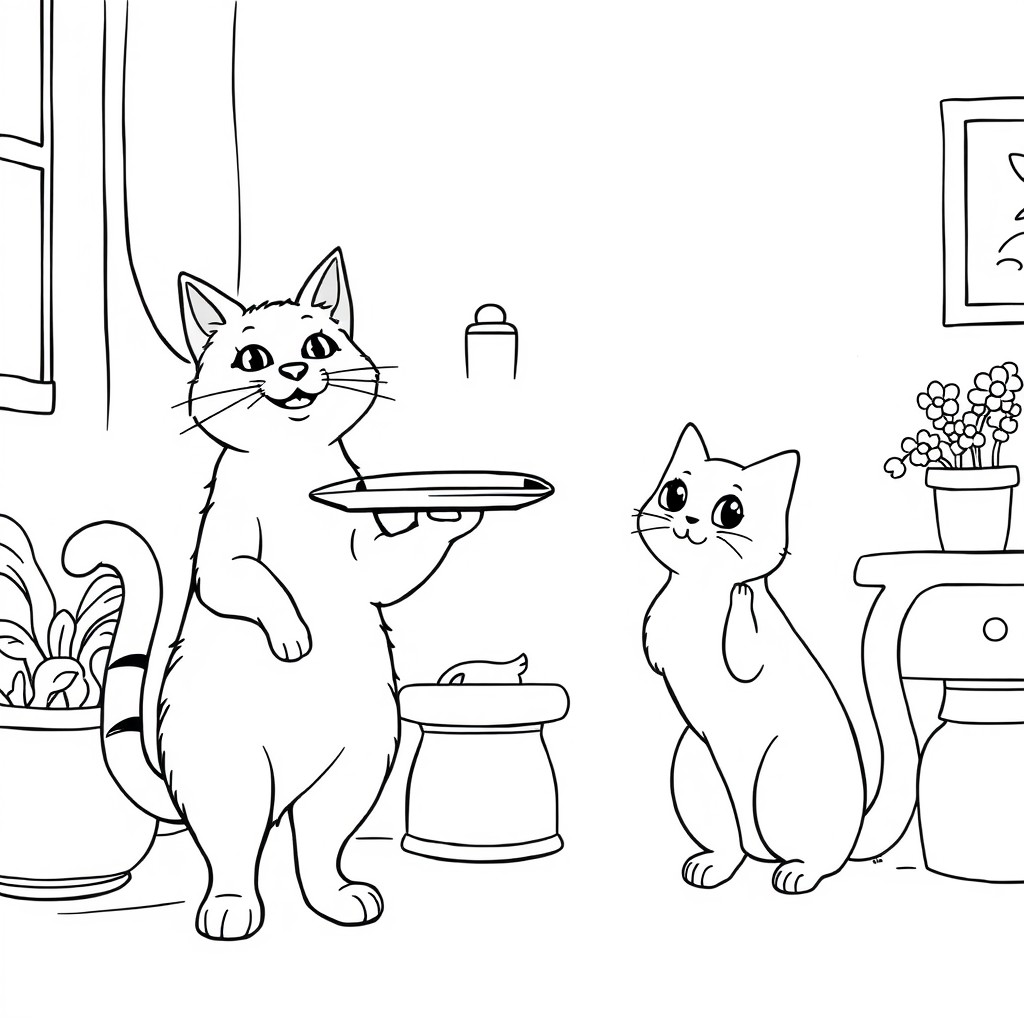 The black and white coloring book page monoline illustration features two anthropomorphic cats in a cozy interior setting. On the left, a cat with a cheerful expression stands upright, carrying a tray