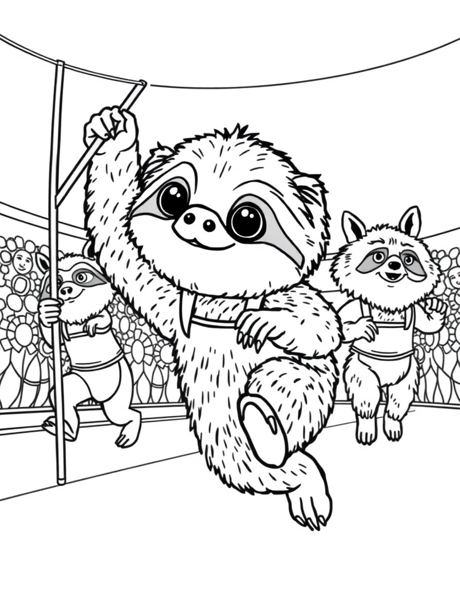 A cute sloth called pepe participating in a pentathlon with with other animal competitors