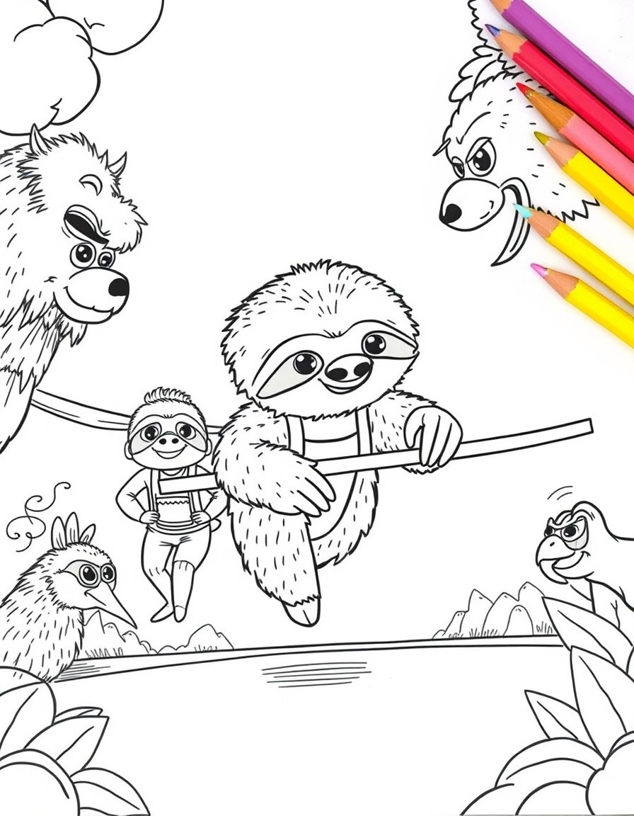 A cute sloth called pepe participating in a pentathlon with with other animal competitors