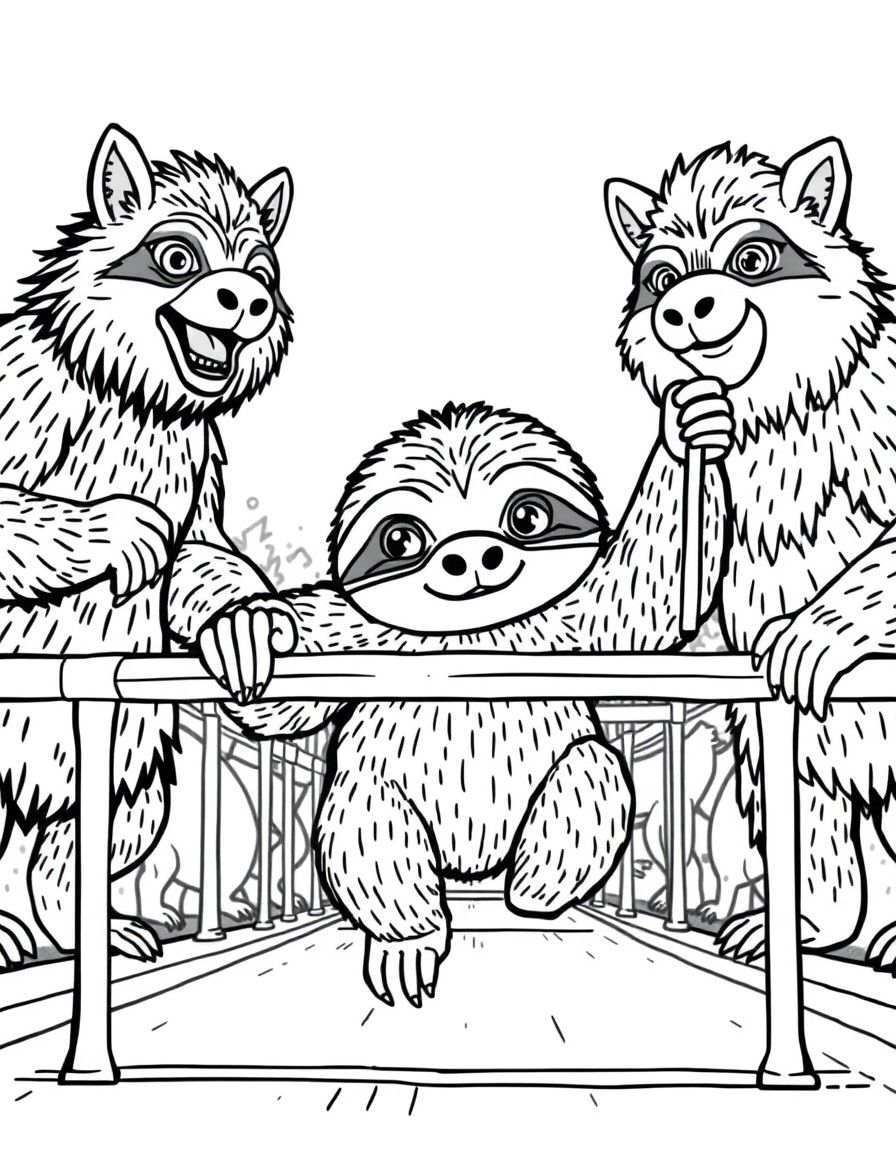 A cute sloth called pepe participating in a pentathlon with with other animal competitors
