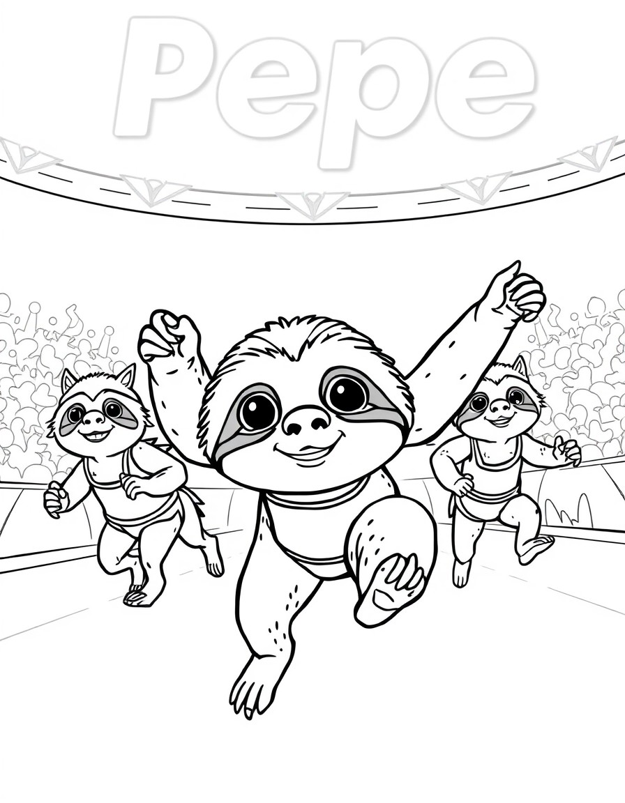 A cute sloth called pepe participating in a pentathlon with with other animal competitors
