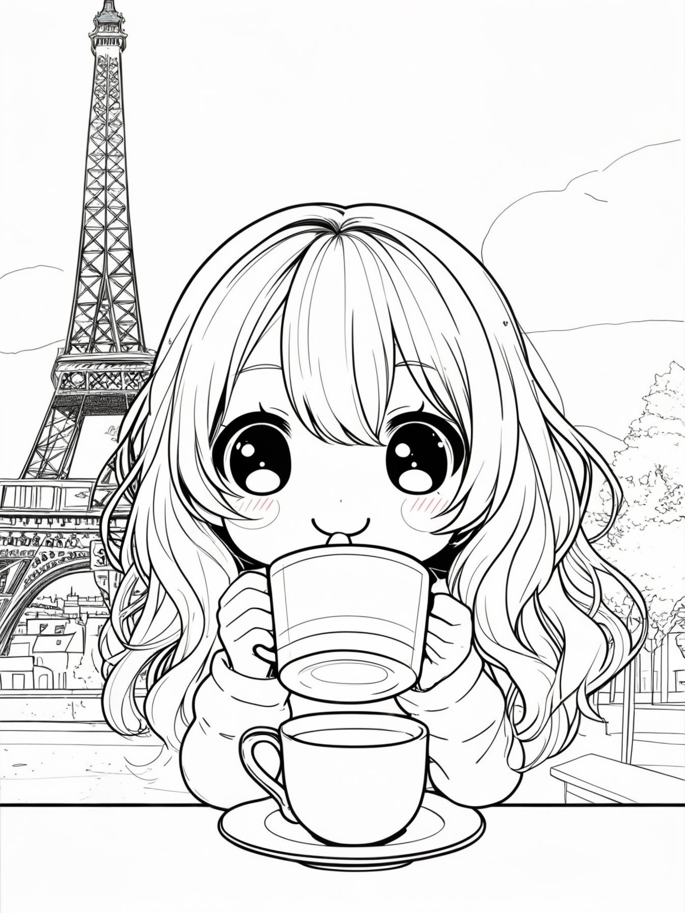 simple kawaii line art, big round shapes, kawaii cute big eyed style, simple line art, cute and cozy, simple outline, thick lines, clean line art, Eiffel Tower in the background, a happy girl drinking
