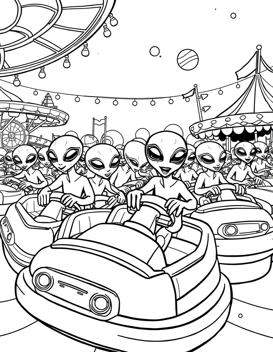 A swarm of playful aliens riding bumper cars on a faraway planet carnival