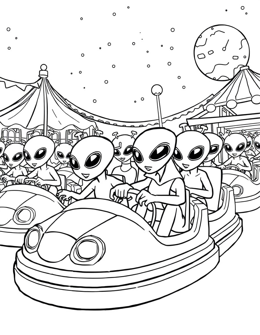 A swarm of playful aliens riding bumper cars on a faraway planet carnival
