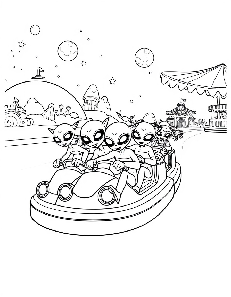 A swarm of playful aliens riding bumper cars on a faraway planet carnival