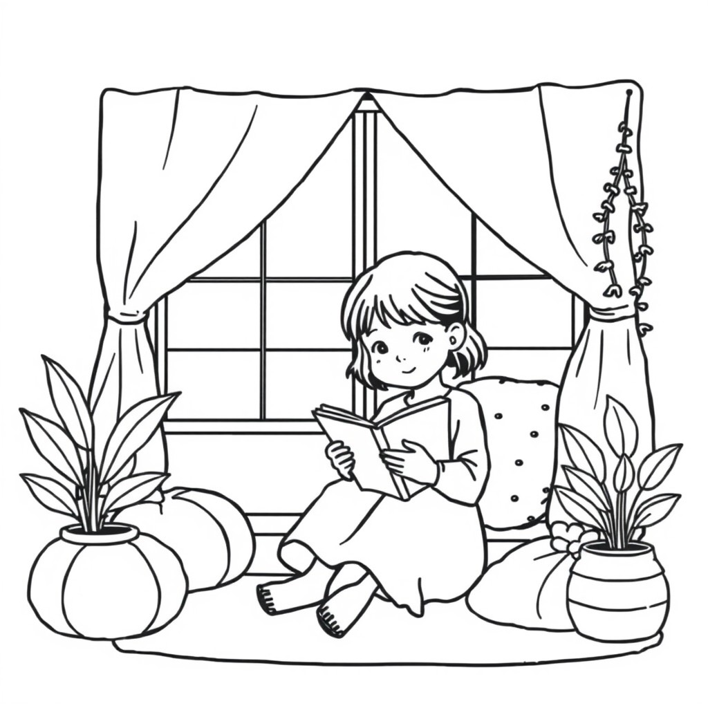 Minimalist black and white coloring page, clean bold outlines, no shading, cozy scene with a girl reading, simple background