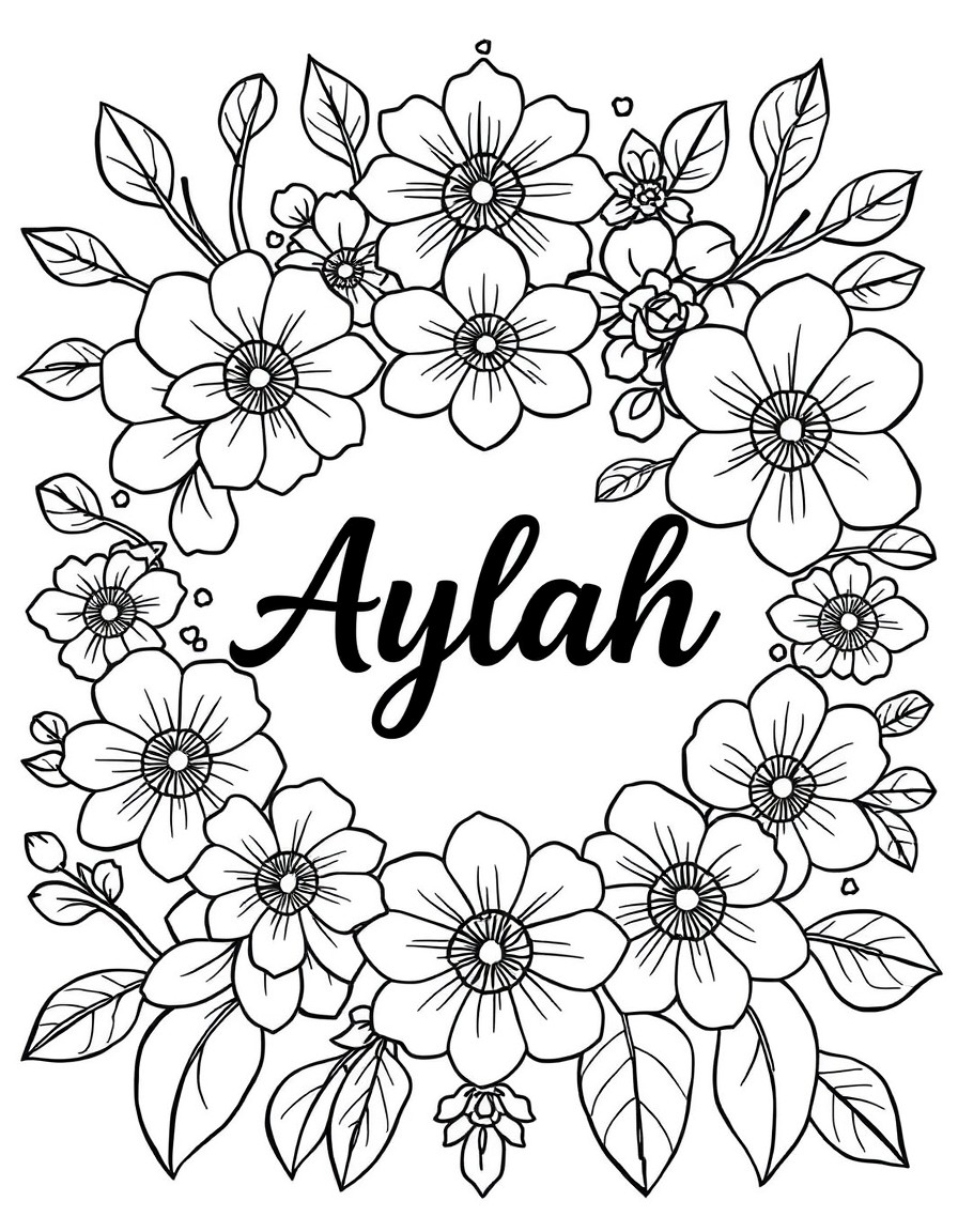 An intricate floral page with the name AYLAH in the middle with cursive font