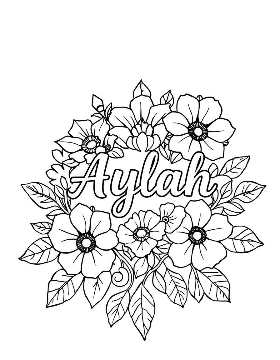 An intricate floral page with the name AYLAH in the middle with cursive font