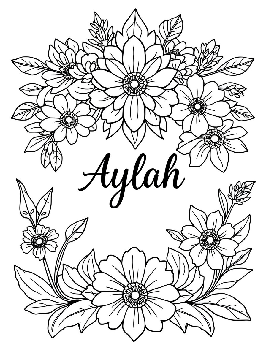 An intricate floral page with the name AYLAH in the middle with cursive font