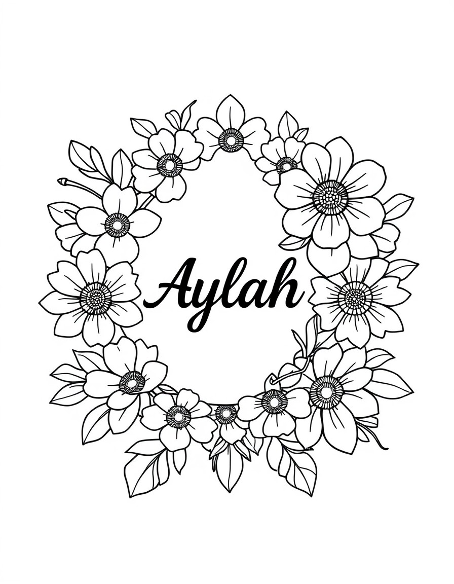 An intricate floral page with the name AYLAH in the middle with cursive font