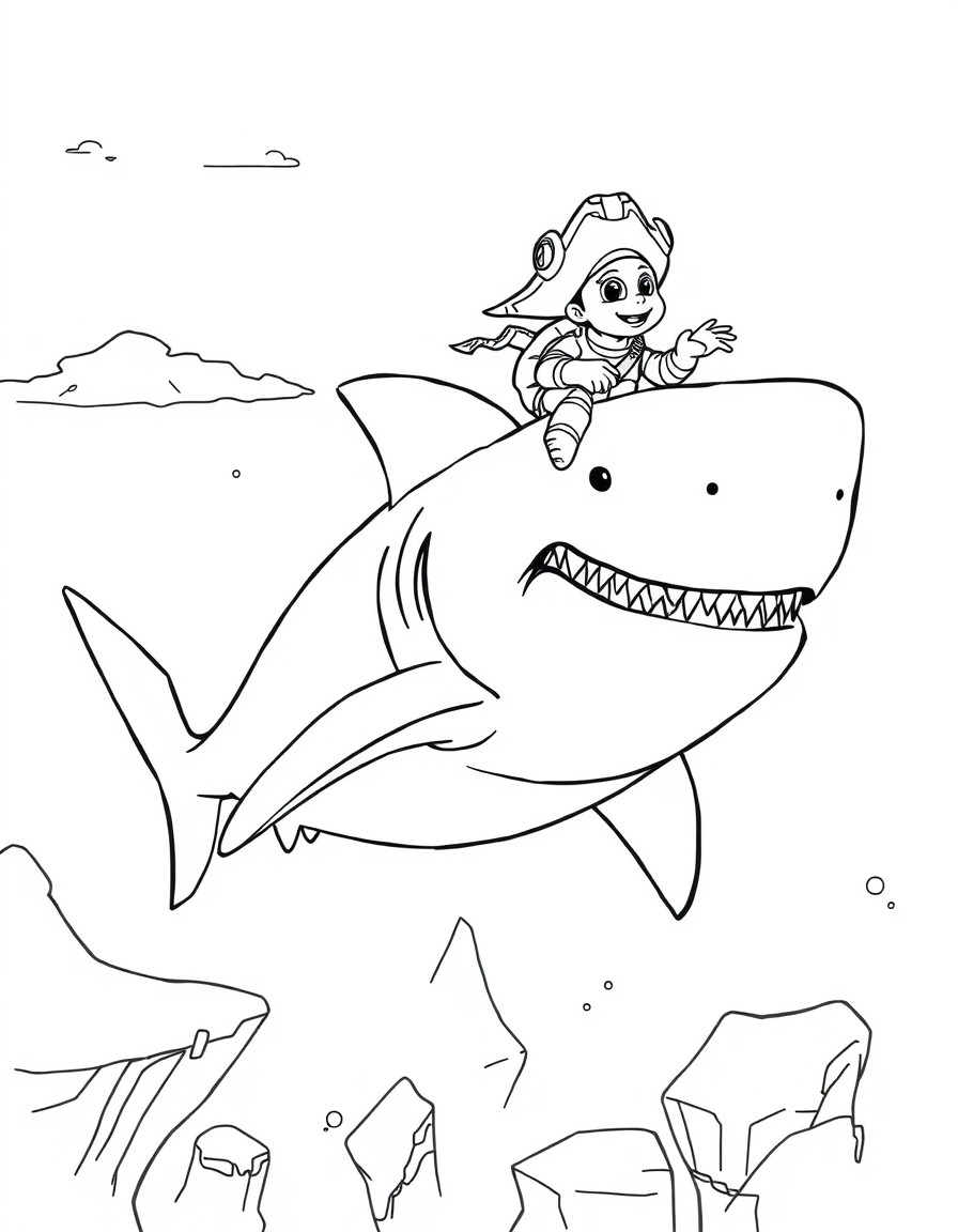 a big baby swimming away from a big alien shark, the shark is angry. the baby is scared. a turtle with a pirate hat and a sword is riding the shark. setting antarctica near iceberg