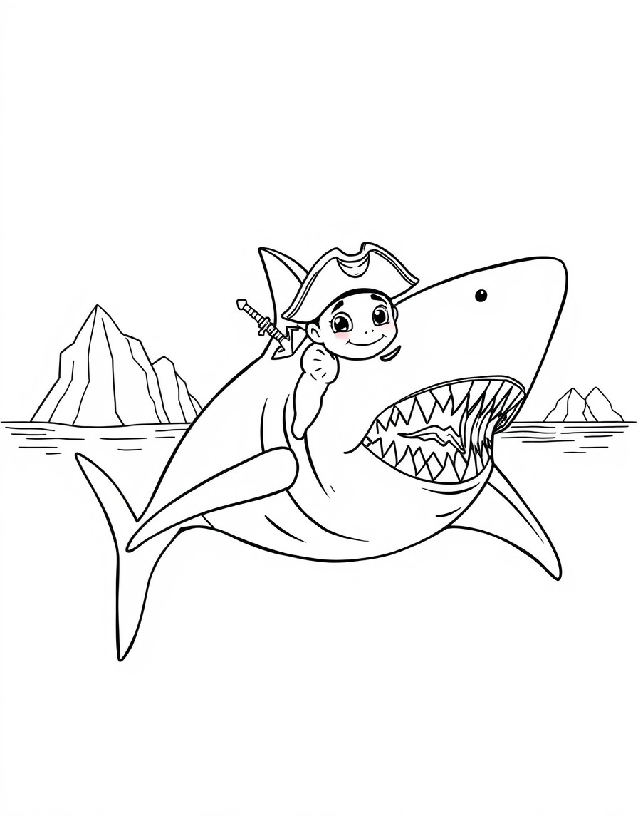 a big baby swimming away from a big alien shark, the shark is angry. the baby is scared. a turtle with a pirate hat and a sword is riding the shark. setting antarctica near iceberg