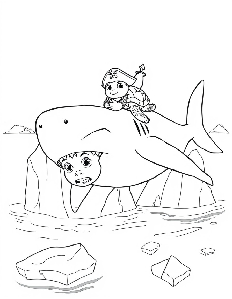 a big baby swimming away from a big alien shark, the shark is angry. the baby is scared. a turtle with a pirate hat and a sword is riding the shark. setting antarctica near iceberg