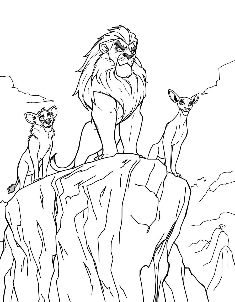 "Depict Scar, the cunning and ambitious lion from Disney's The Lion King, standing atop a jagged cliff in the Elephant Graveyard. Beside him are his three hyena accomplices Shenzi, the sharp-witted le