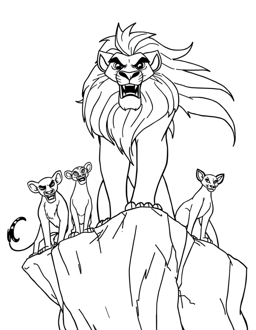 "Depict Scar, the cunning and ambitious lion from Disney's The Lion King, standing atop a jagged cliff in the Elephant Graveyard. Beside him are his three hyena accomplices Shenzi, the sharp-witted le