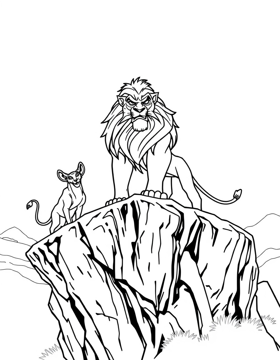 "Depict Scar, the cunning and ambitious lion from Disney's The Lion King, standing atop a jagged cliff in the Elephant Graveyard. Beside him are his three hyena accomplices Shenzi, the sharp-witted le