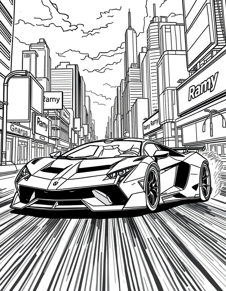 A supercar speeding through a futuristic city with billboards showing 'Ramy''