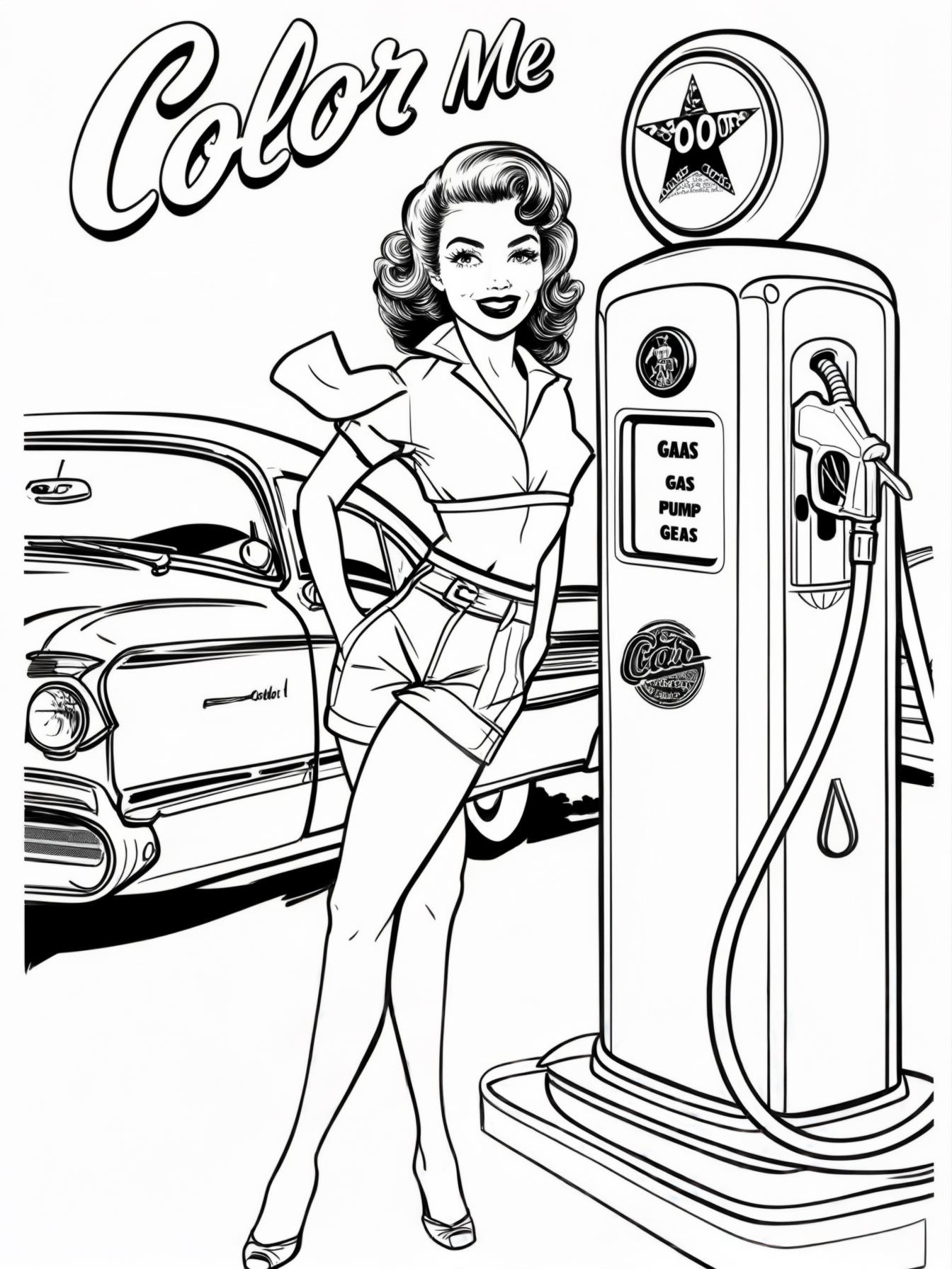 Create 60s pinups of girl pumping gas