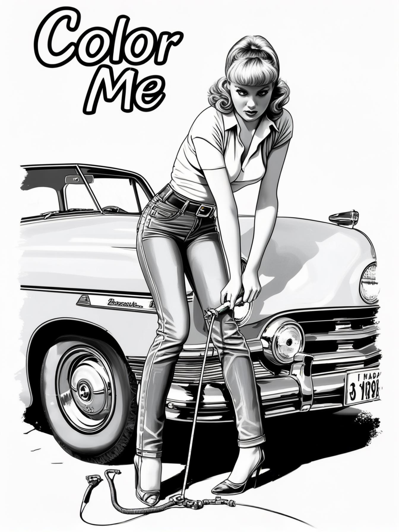 Create 60s pinups girl working on a car
