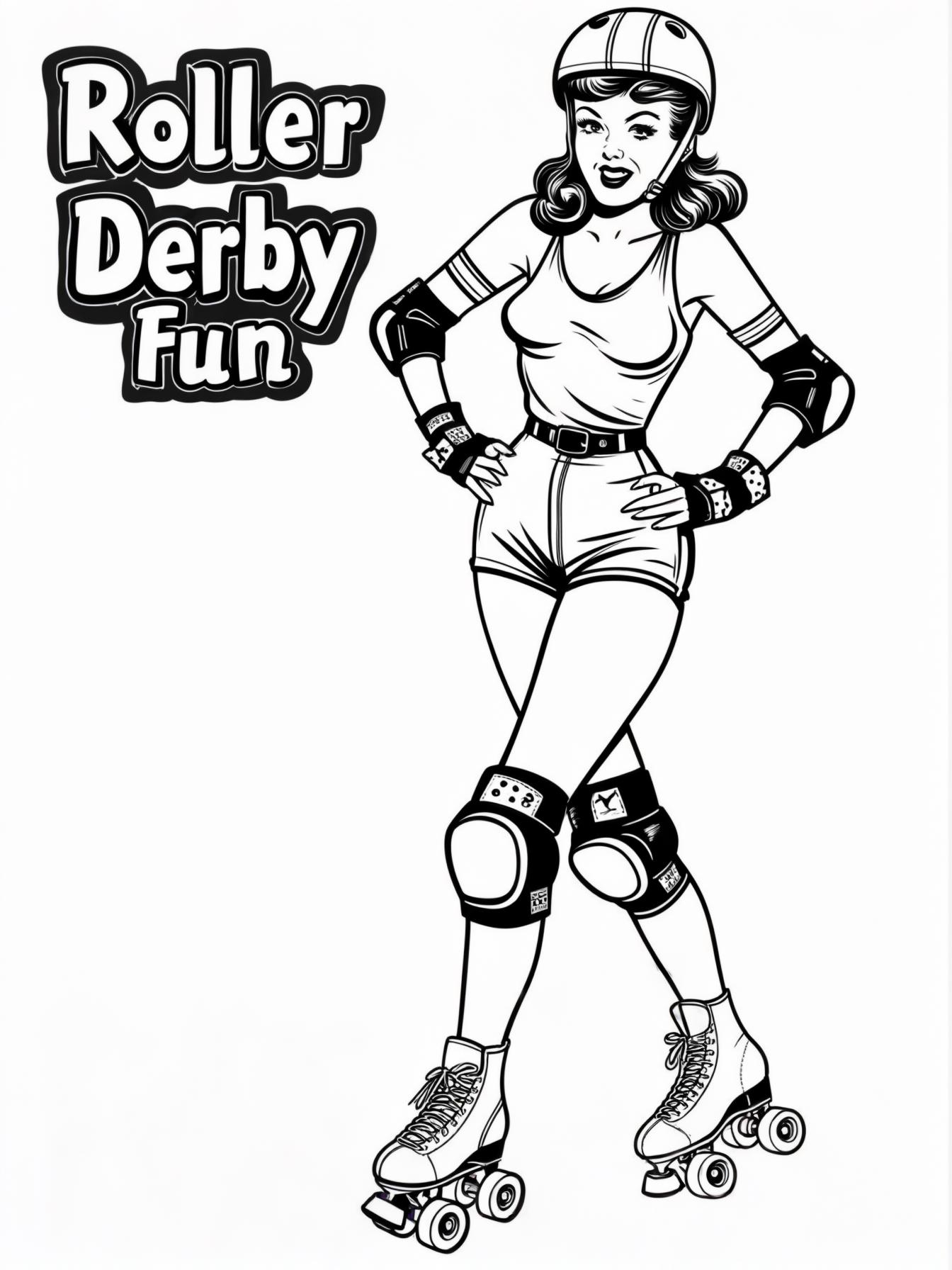 Create coloring page of 60s pinups girl at a roller derby