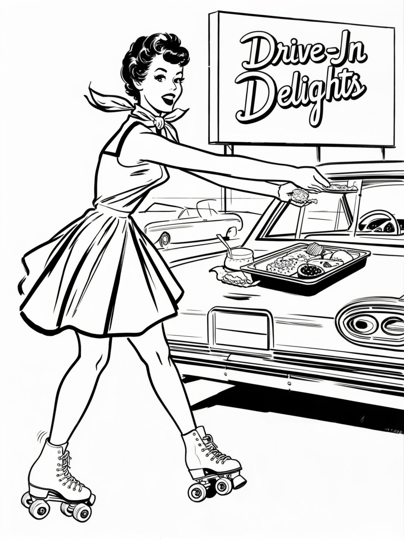 Create 60s pinups girl on roller skates at a drive in movie bringing food to car window