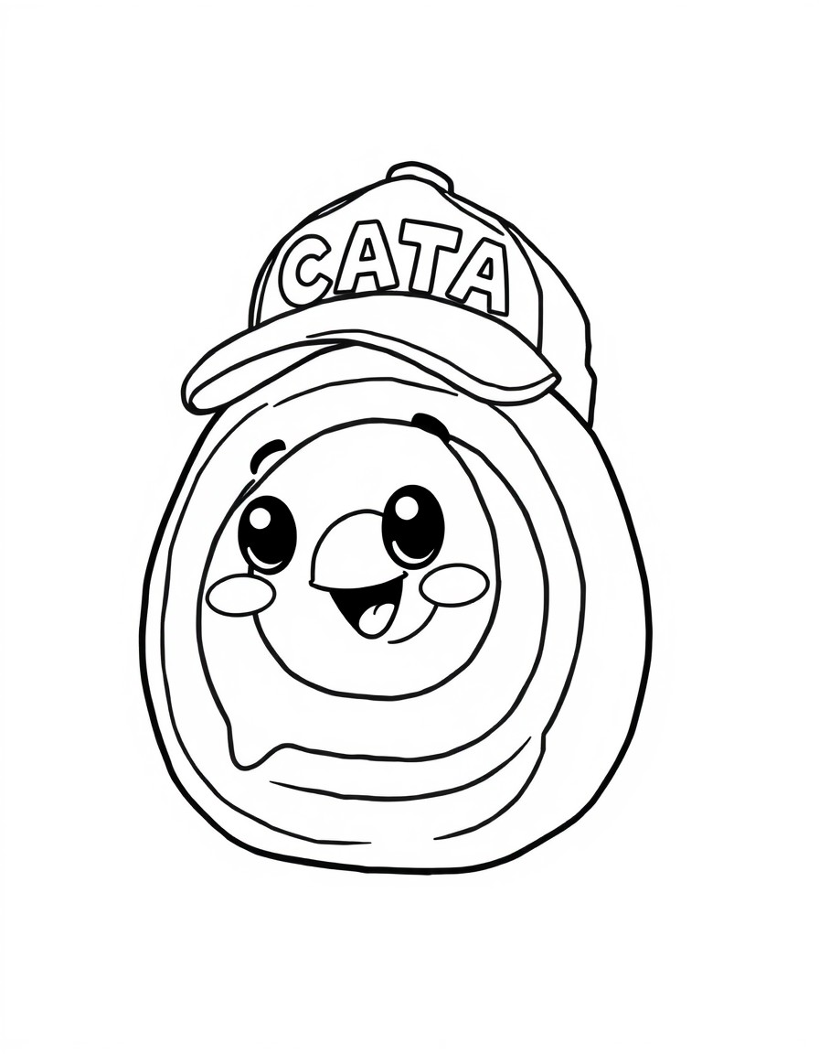 Cute cinnamon roll character with a cap that has the name "CATA" on it