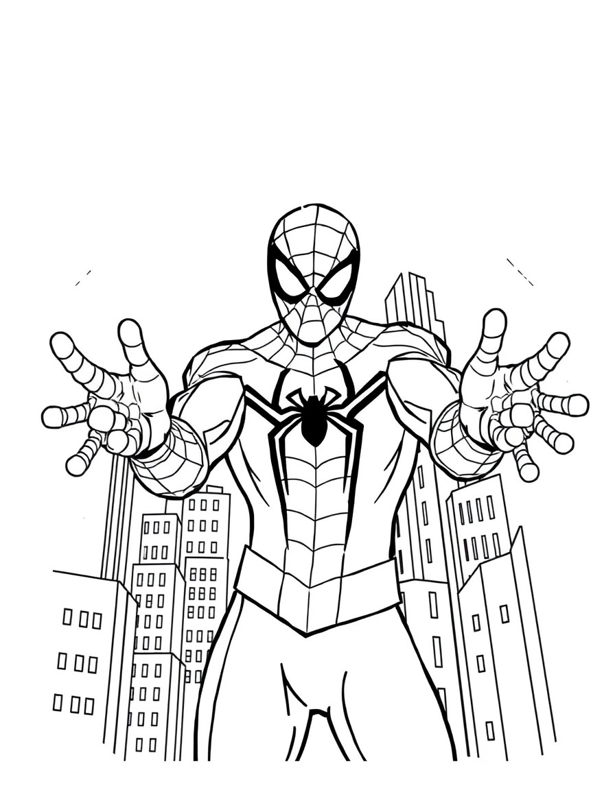 A spiderman throwing web outside of his wrists and buildings behind