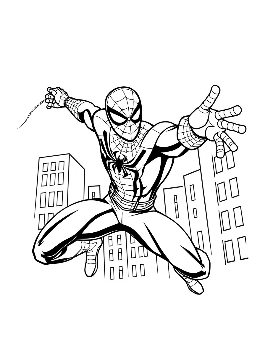 A spiderman throwing web outside of his wrists and buildings behind